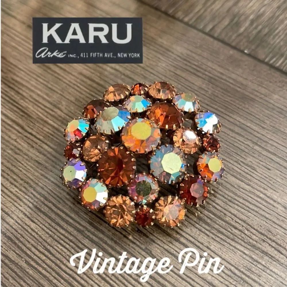 Vintage Karu Arke Multicolor Brown Rhinestone AB Round Circle Brooch Pin
